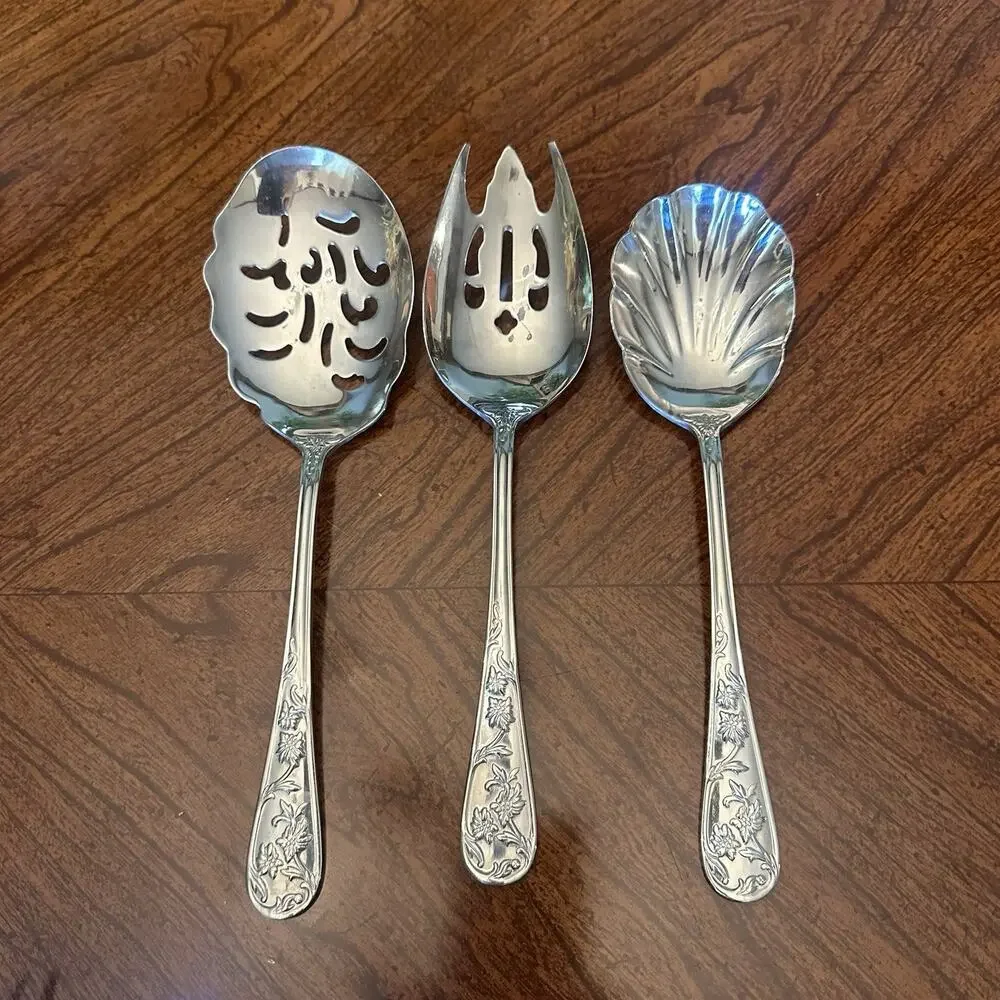 Reed Barton Flatware Queens Garden Floral Embossed Stainless 13 Pc Serving Set